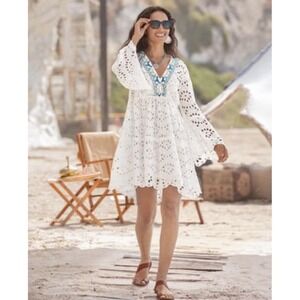 Sundance Yuki White Eyelet Dress L Boho Coastal Beach Resort Embroidered